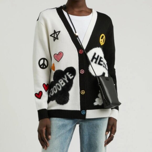 Alice + Olivia X The Beatles | Bradford Appliquéd Wool-blend Cardigan Black - Picture 1 of 8